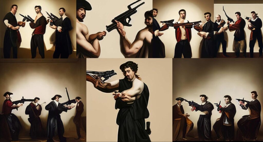 American Men Holding Guns in the Style of Caravaggio, Midjourney v2